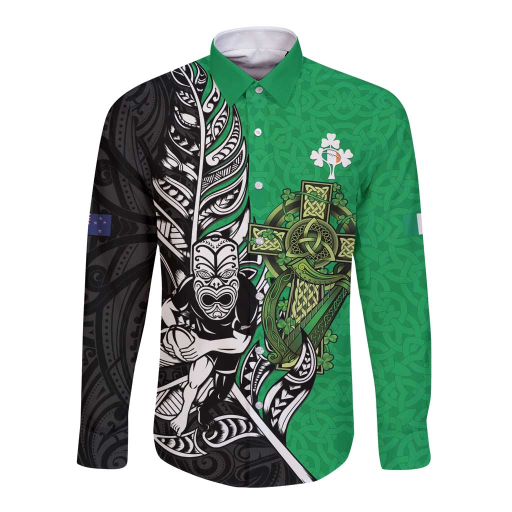 New Zealand and Ireland Rugby Custom Long Sleeve Button Shirt Maori Tiki Fern Irish Celtic Cross - Aussie Hoodie