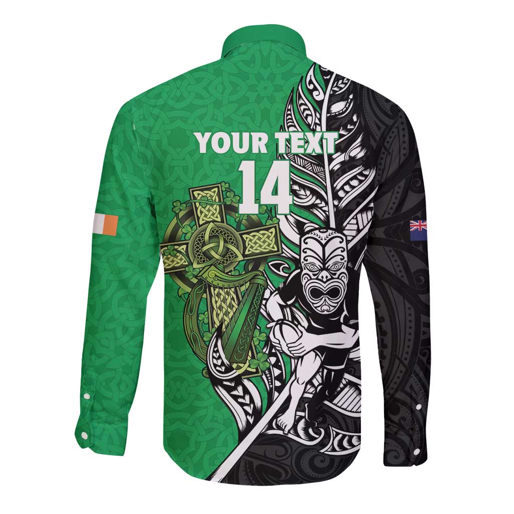 New Zealand and Ireland Rugby Custom Long Sleeve Button Shirt Maori Tiki Fern Irish Celtic Cross - Aussie Hoodie