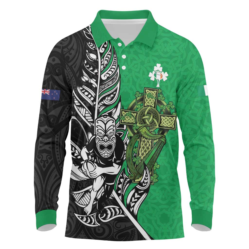 New Zealand and Ireland Rugby Custom Long Sleeve Polo Shirt Maori Tiki Fern Irish Celtic Cross - Aussie Hoodie