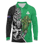 New Zealand and Ireland Rugby Custom Long Sleeve Polo Shirt Maori Tiki Fern Irish Celtic Cross - Aussie Hoodie