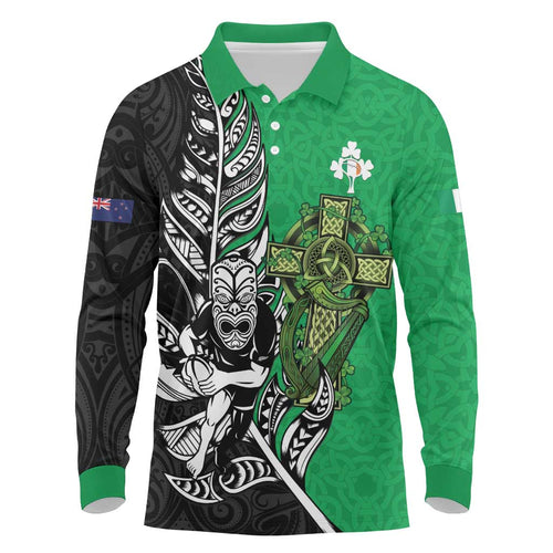 New Zealand and Ireland Rugby Custom Long Sleeve Polo Shirt Maori Tiki Fern Irish Celtic Cross - Aussie Hoodie