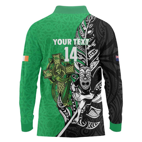 New Zealand and Ireland Rugby Custom Long Sleeve Polo Shirt Maori Tiki Fern Irish Celtic Cross - Aussie Hoodie
