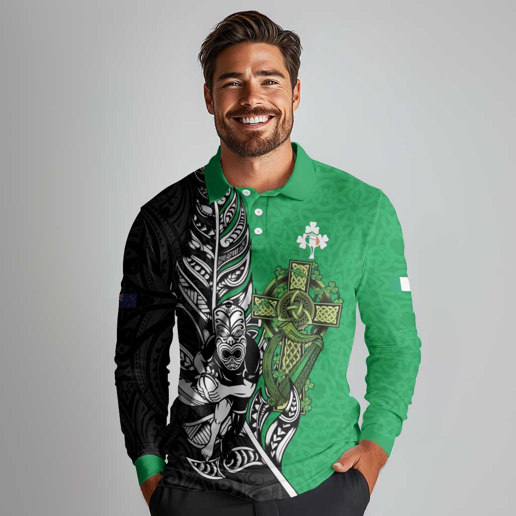 New Zealand and Ireland Rugby Custom Long Sleeve Polo Shirt Maori Tiki Fern Irish Celtic Cross - Aussie Hoodie