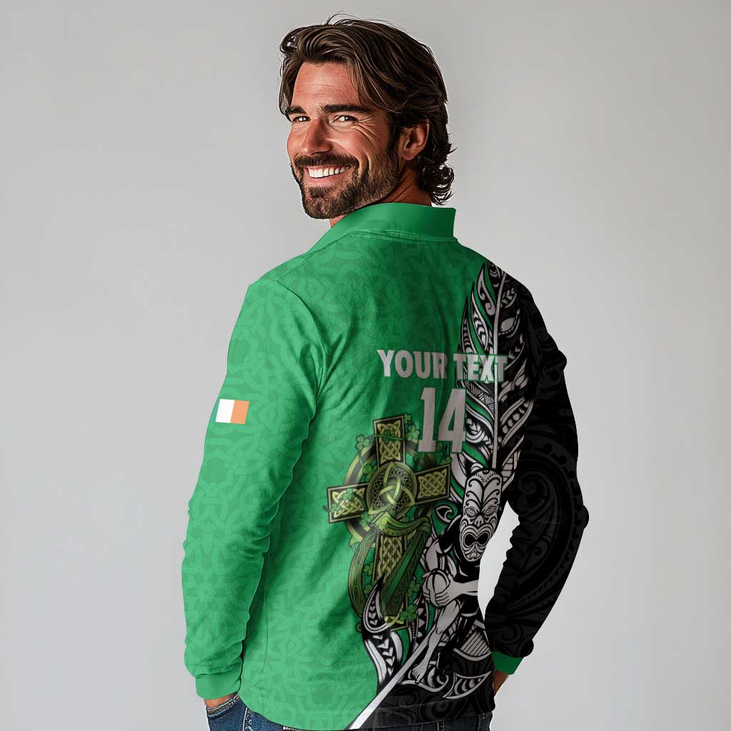 New Zealand and Ireland Rugby Custom Long Sleeve Polo Shirt Maori Tiki Fern Irish Celtic Cross - Aussie Hoodie