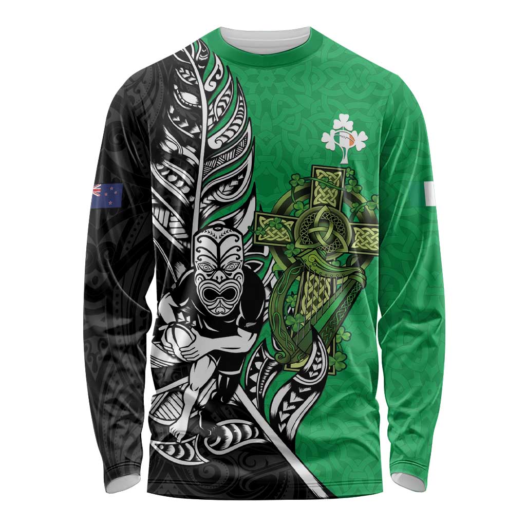 New Zealand and Ireland Rugby Custom Long Sleeve Shirt Maori Tiki Fern Irish Celtic Cross - Aussie Hoodie