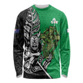 New Zealand and Ireland Rugby Custom Long Sleeve Shirt Maori Tiki Fern Irish Celtic Cross - Aussie Hoodie