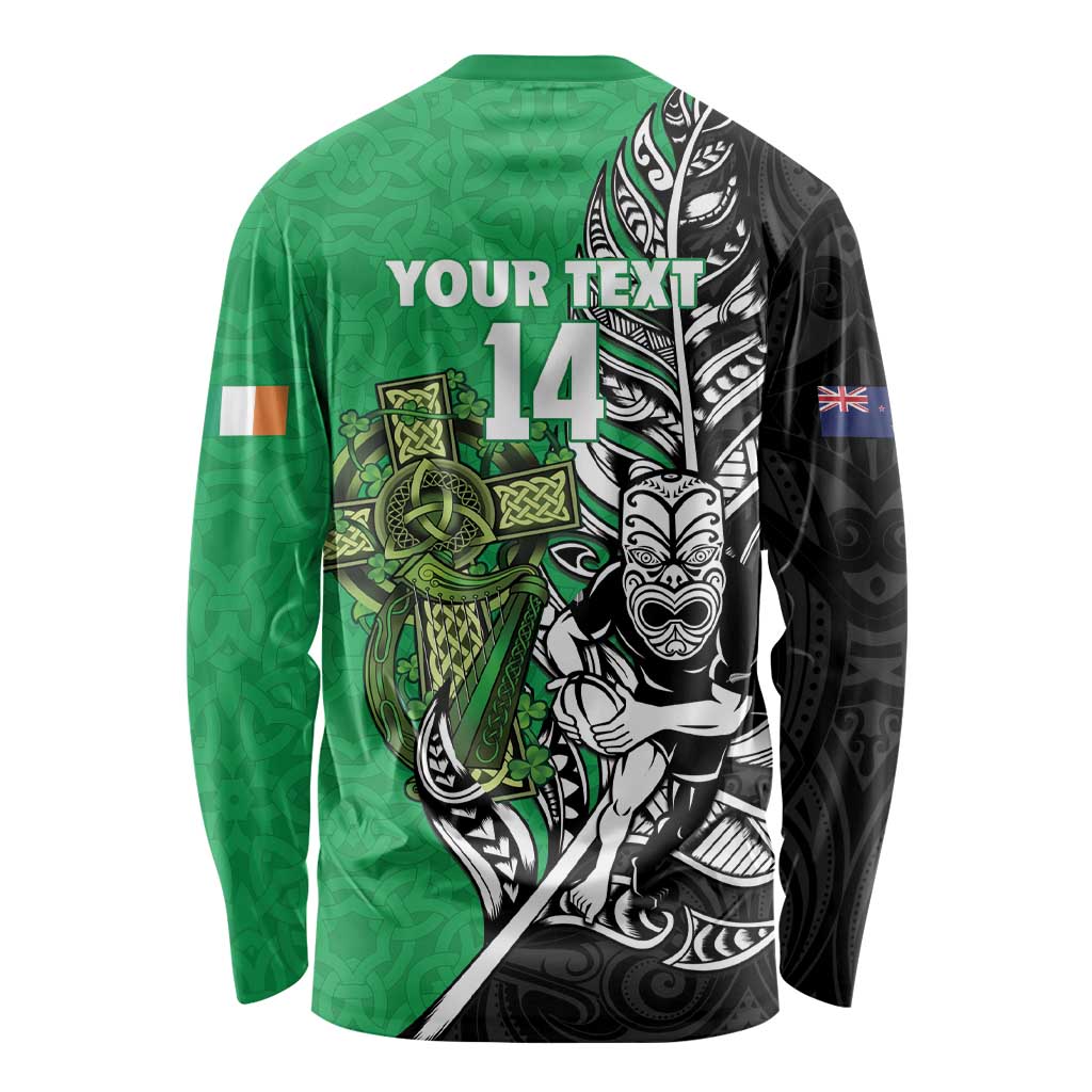 New Zealand and Ireland Rugby Custom Long Sleeve Shirt Maori Tiki Fern Irish Celtic Cross - Aussie Hoodie