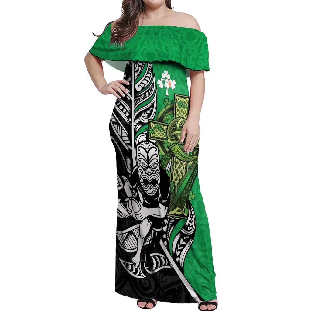 New Zealand and Ireland Rugby Custom Off Shoulder Maxi Dress Maori Tiki Fern Irish Celtic Cross - Aussie Hoodie