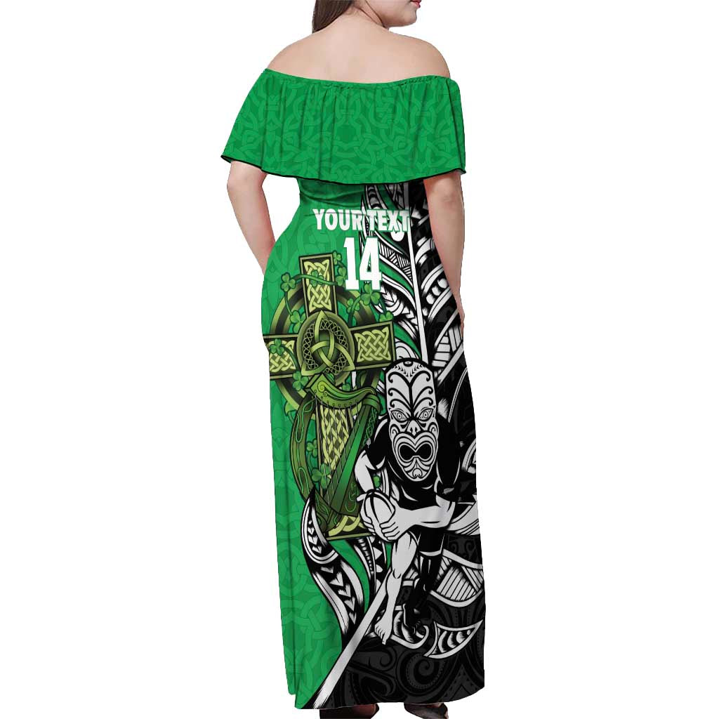 New Zealand and Ireland Rugby Custom Off Shoulder Maxi Dress Maori Tiki Fern Irish Celtic Cross - Aussie Hoodie
