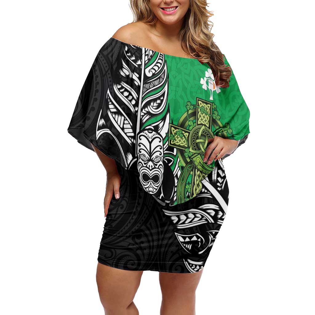 New Zealand and Ireland Rugby Custom Off Shoulder Short Dress Maori Tiki Fern Irish Celtic Cross - Aussie Hoodie