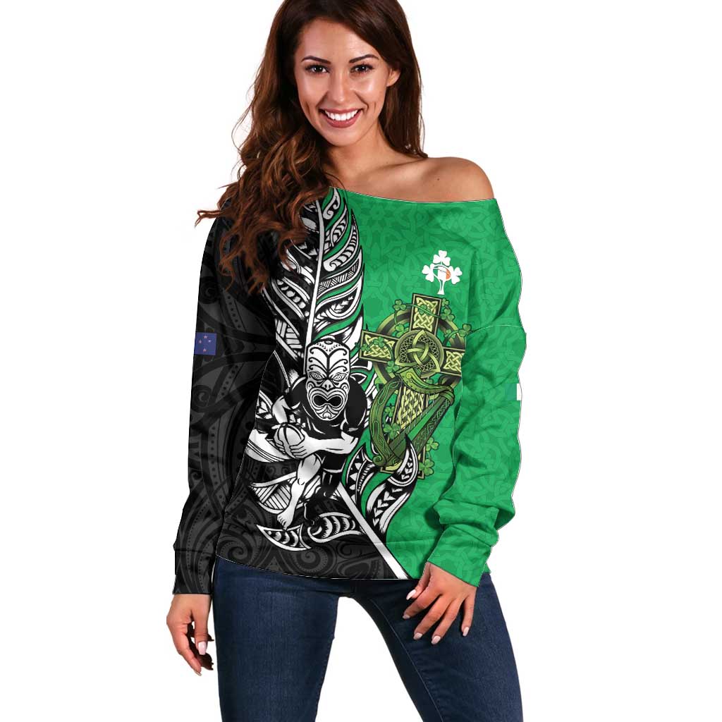 New Zealand and Ireland Rugby Custom Off Shoulder Sweater Maori Tiki Fern Irish Celtic Cross - Aussie Hoodie