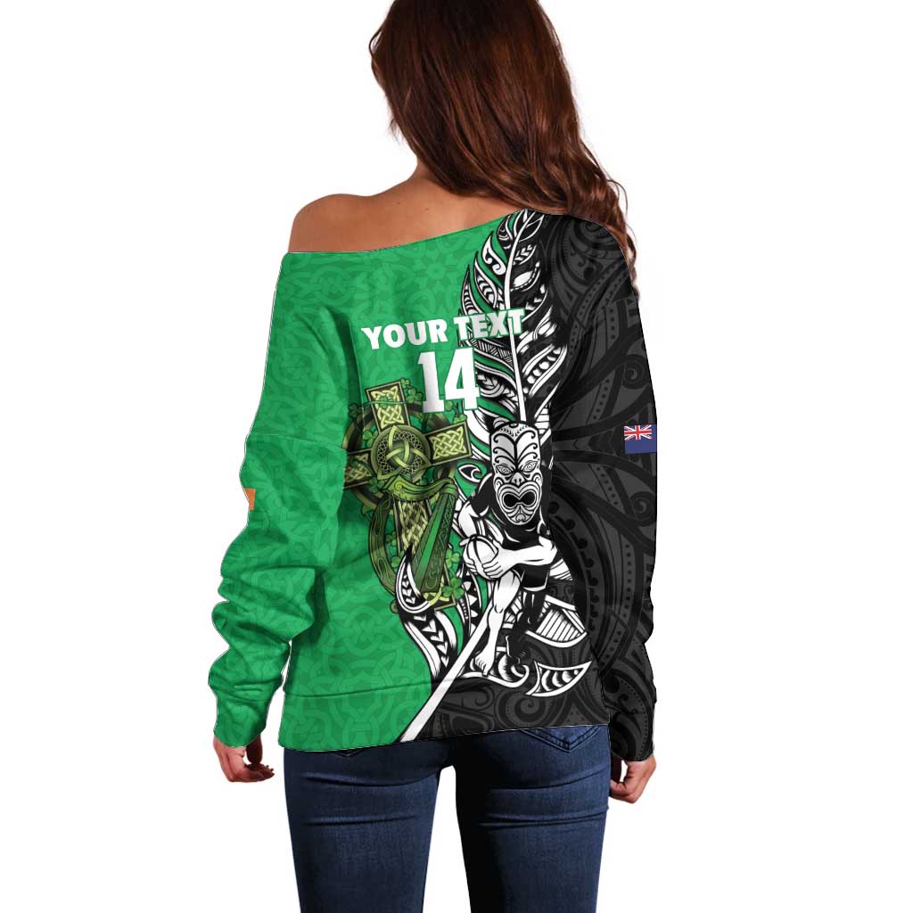 New Zealand and Ireland Rugby Custom Off Shoulder Sweater Maori Tiki Fern Irish Celtic Cross - Aussie Hoodie