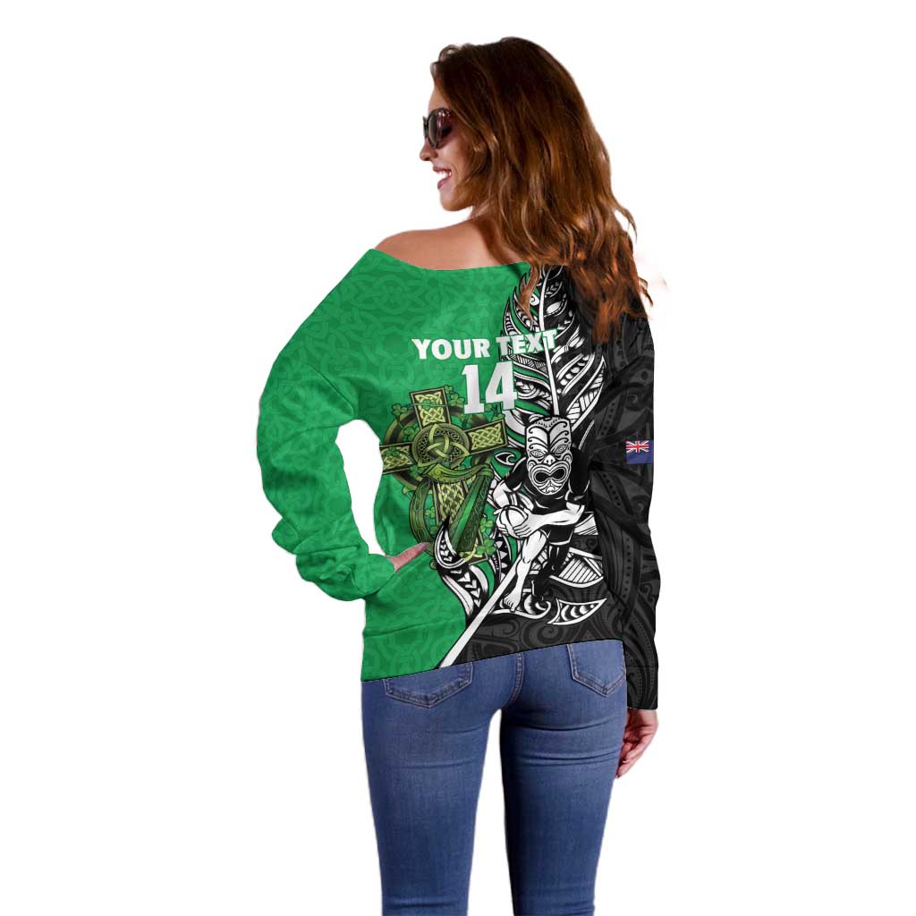 New Zealand and Ireland Rugby Custom Off Shoulder Sweater Maori Tiki Fern Irish Celtic Cross - Aussie Hoodie