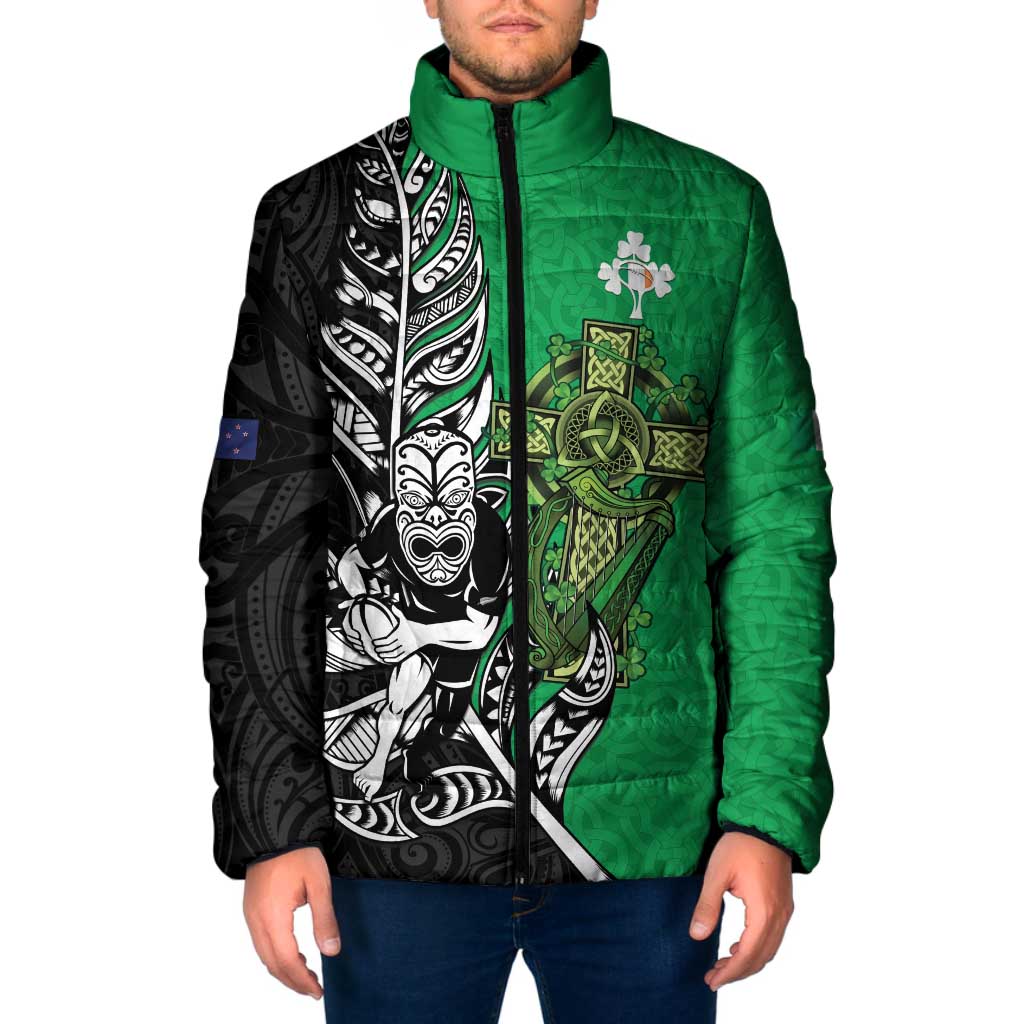 New Zealand and Ireland Rugby Custom Padded Jacket Maori Tiki Fern Irish Celtic Cross - Aussie Hoodie