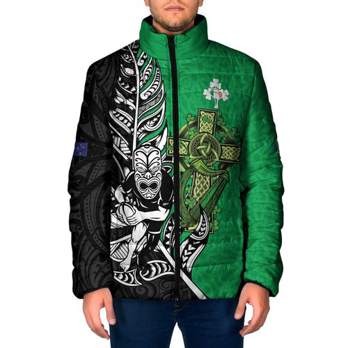 New Zealand and Ireland Rugby Custom Padded Jacket Maori Tiki Fern Irish Celtic Cross - Aussie Hoodie