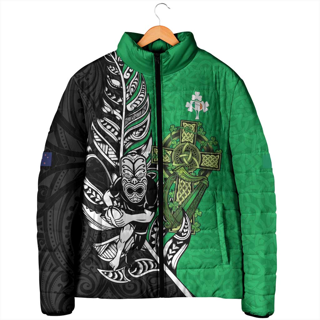 New Zealand and Ireland Rugby Custom Padded Jacket Maori Tiki Fern Irish Celtic Cross - Aussie Hoodie