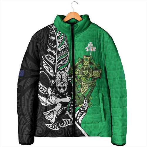 New Zealand and Ireland Rugby Custom Padded Jacket Maori Tiki Fern Irish Celtic Cross - Aussie Hoodie