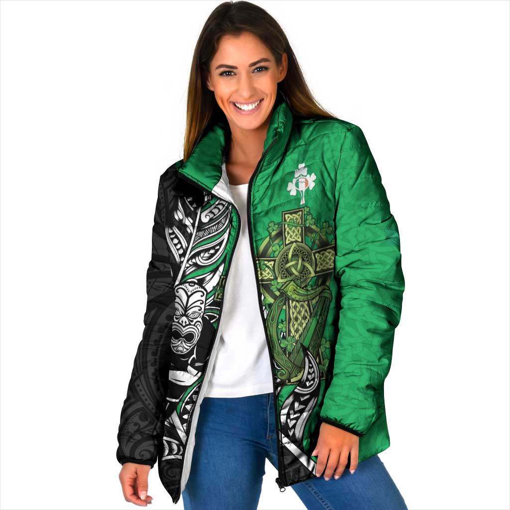 New Zealand and Ireland Rugby Custom Padded Jacket Maori Tiki Fern Irish Celtic Cross - Aussie Hoodie