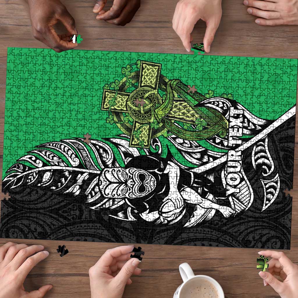 New Zealand and Ireland Rugby Custom Puzzle Maori Tiki Fern Irish Celtic Cross - Aussie Hoodie