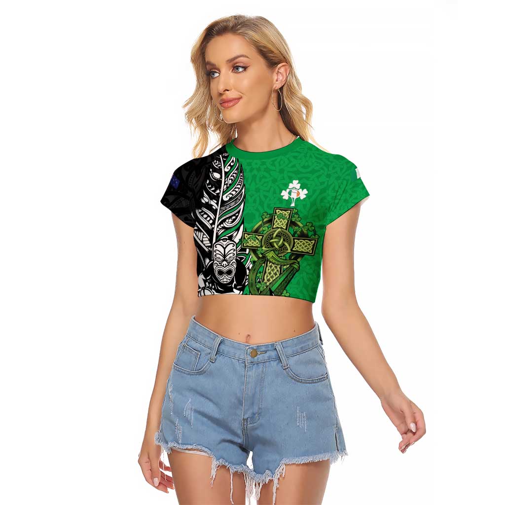 New Zealand and Ireland Rugby Custom Raglan Cropped T Shirt Maori Tiki Fern Irish Celtic Cross - Aussie Hoodie