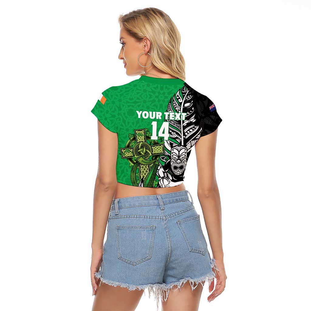 New Zealand and Ireland Rugby Custom Raglan Cropped T Shirt Maori Tiki Fern Irish Celtic Cross - Aussie Hoodie