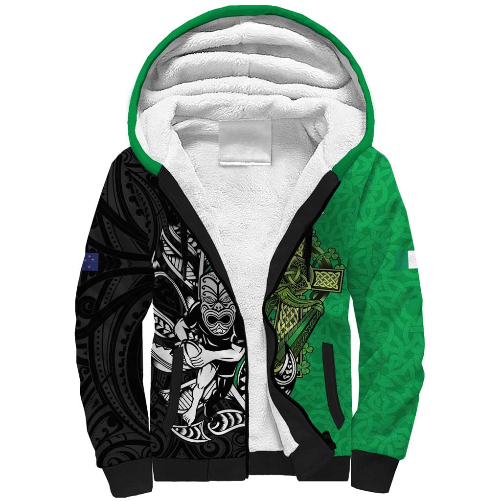 New Zealand and Ireland Rugby Custom Sherpa Hoodie Maori Tiki Fern Irish Celtic Cross - Aussie Hoodie