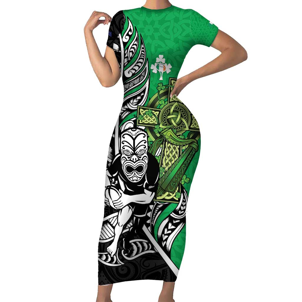 New Zealand and Ireland Rugby Custom Short Sleeve Bodycon Dress Maori Tiki Fern Irish Celtic Cross - Aussie Hoodie
