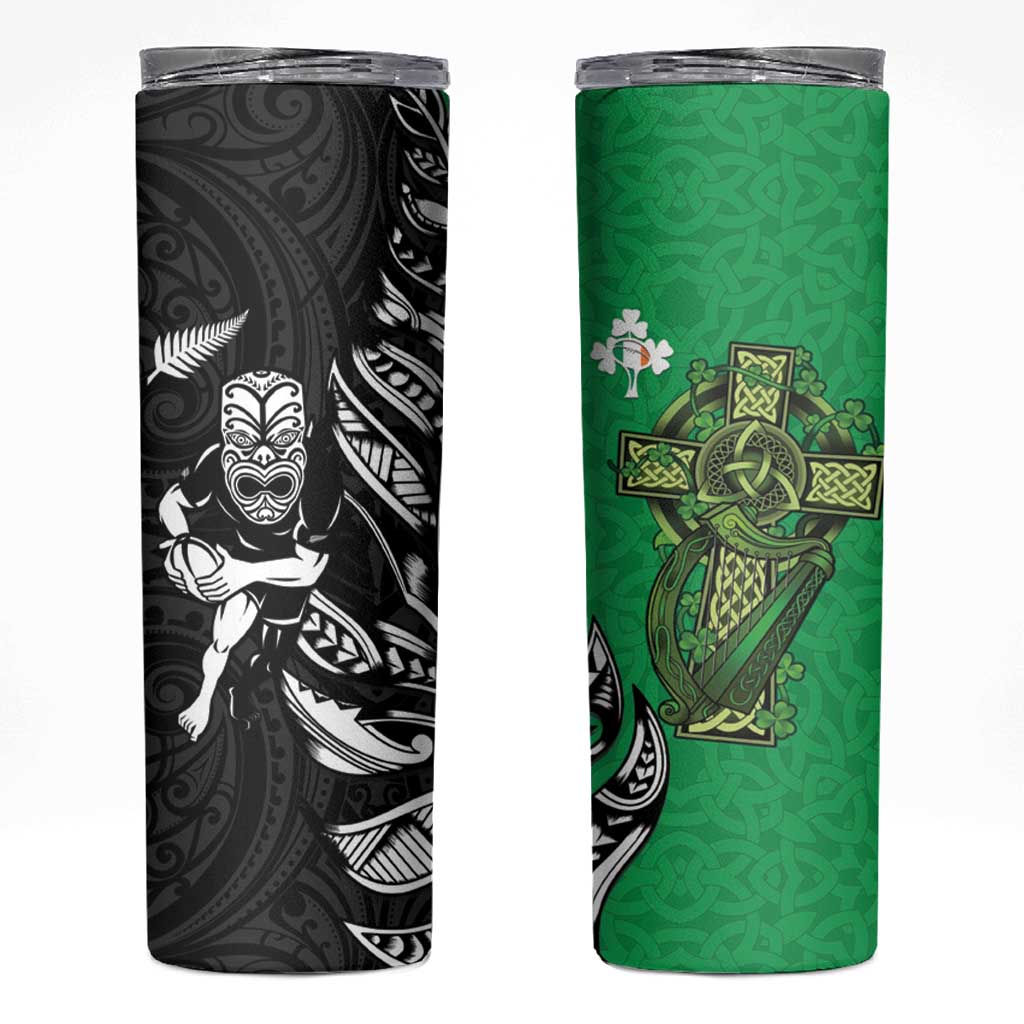 New Zealand and Ireland Rugby Skinny Tumbler Maori Tiki Fern Irish Celtic Cross - Aussie Hoodie