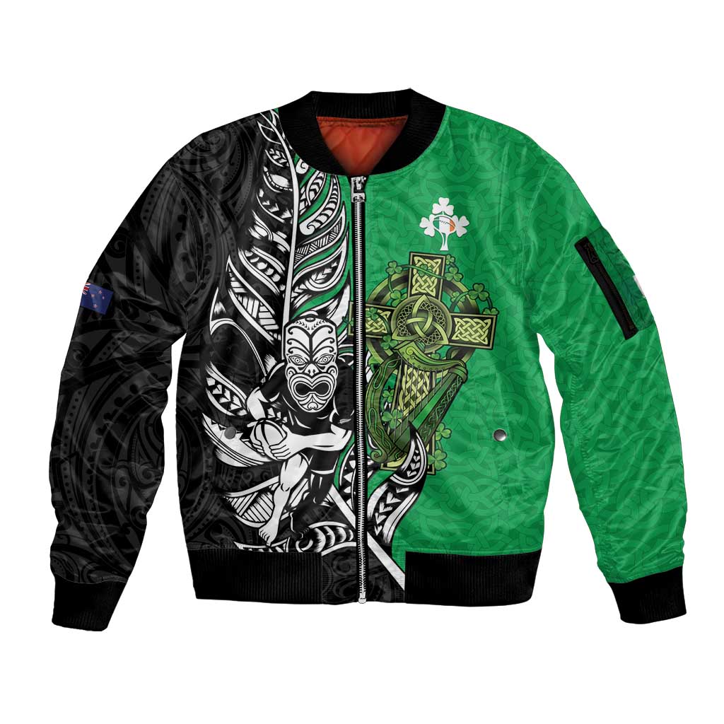 New Zealand and Ireland Rugby Custom Sleeve Zip Bomber Jacket Maori Tiki Fern Irish Celtic Cross - Aussie Hoodie