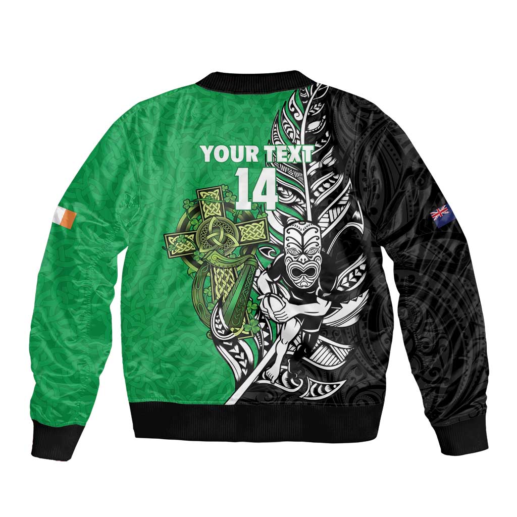 New Zealand and Ireland Rugby Custom Sleeve Zip Bomber Jacket Maori Tiki Fern Irish Celtic Cross - Aussie Hoodie