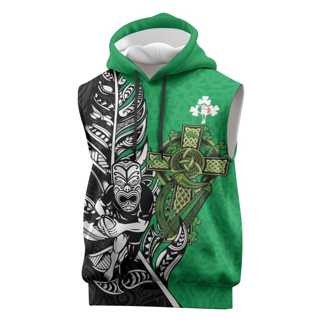 New Zealand and Ireland Rugby Custom Sleeveless Hoodie Maori Tiki Fern Irish Celtic Cross - Aussie Hoodie