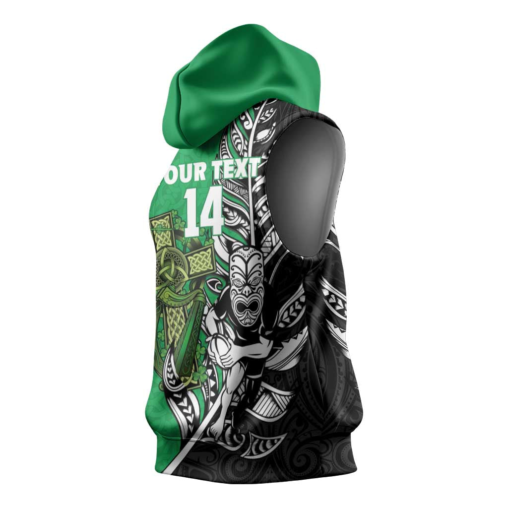 New Zealand and Ireland Rugby Custom Sleeveless Hoodie Maori Tiki Fern Irish Celtic Cross - Aussie Hoodie