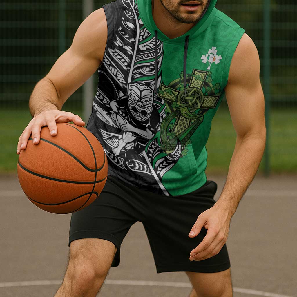 New Zealand and Ireland Rugby Custom Sleeveless Hoodie Maori Tiki Fern Irish Celtic Cross - Aussie Hoodie