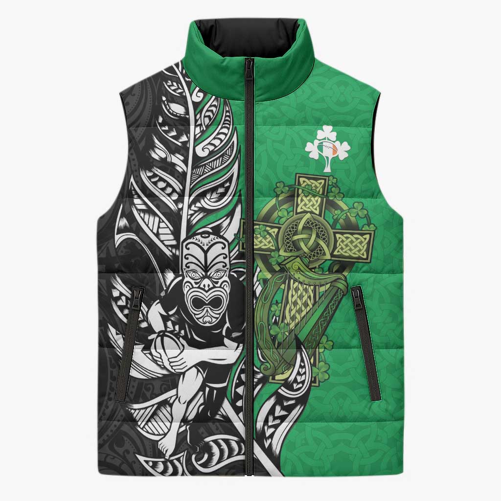 New Zealand and Ireland Rugby Custom Sleeveless Puffer Jacket Maori Tiki Fern Irish Celtic Cross - Aussie Hoodie