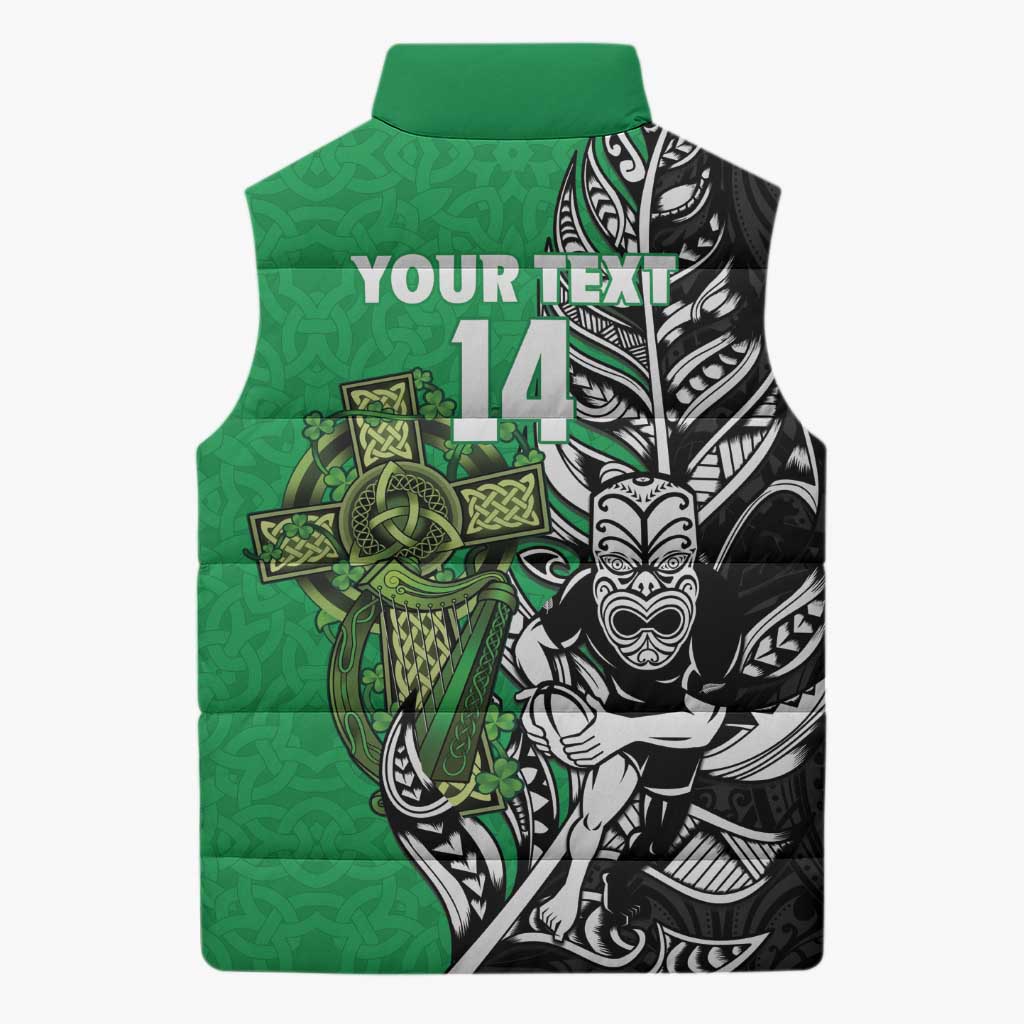 New Zealand and Ireland Rugby Custom Sleeveless Puffer Jacket Maori Tiki Fern Irish Celtic Cross - Aussie Hoodie