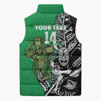 New Zealand and Ireland Rugby Custom Sleeveless Puffer Jacket Maori Tiki Fern Irish Celtic Cross - Aussie Hoodie
