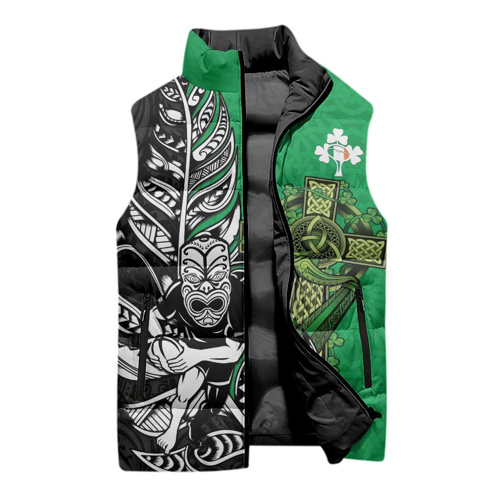New Zealand and Ireland Rugby Custom Sleeveless Puffer Jacket Maori Tiki Fern Irish Celtic Cross - Aussie Hoodie