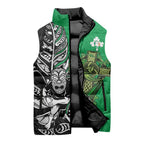 New Zealand and Ireland Rugby Custom Sleeveless Puffer Jacket Maori Tiki Fern Irish Celtic Cross - Aussie Hoodie