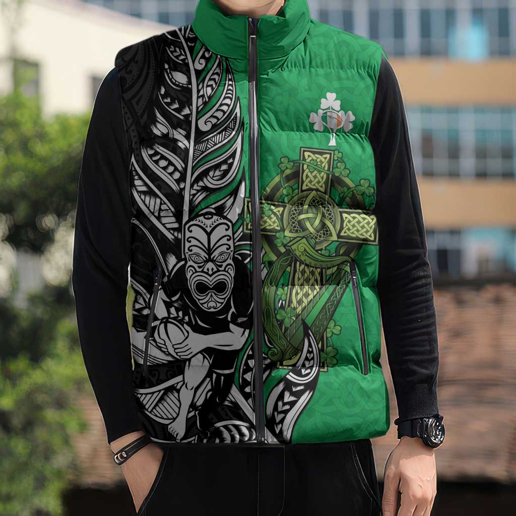 New Zealand and Ireland Rugby Custom Sleeveless Puffer Jacket Maori Tiki Fern Irish Celtic Cross - Aussie Hoodie