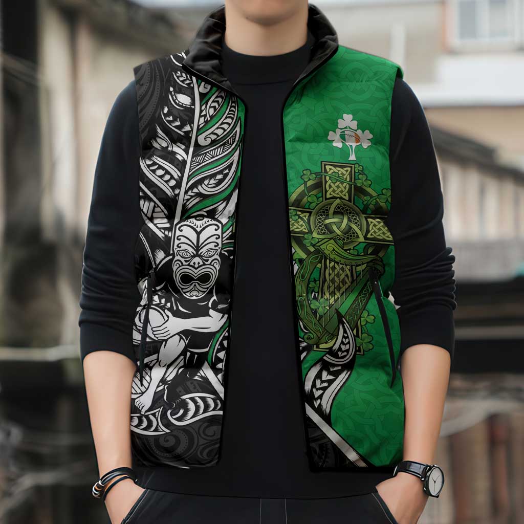 New Zealand and Ireland Rugby Custom Sleeveless Puffer Jacket Maori Tiki Fern Irish Celtic Cross - Aussie Hoodie