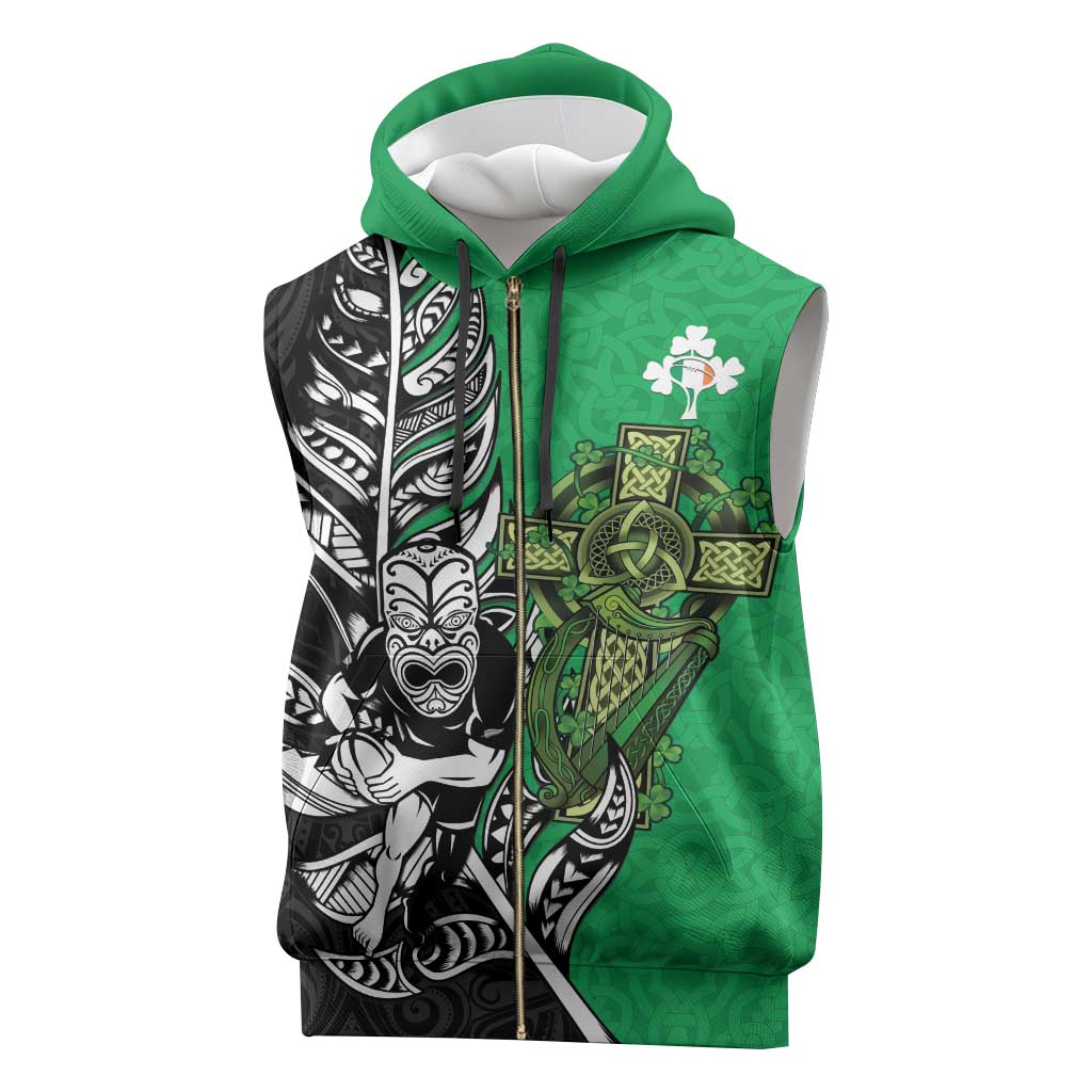 New Zealand and Ireland Rugby Custom Sleeveless Zip Hoodie Maori Tiki Fern Irish Celtic Cross - Aussie Hoodie