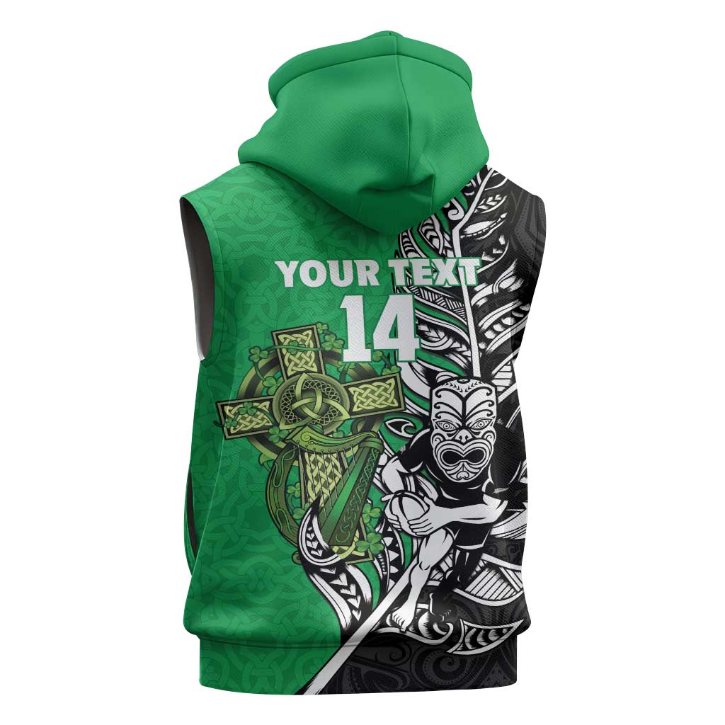 New Zealand and Ireland Rugby Custom Sleeveless Zip Hoodie Maori Tiki Fern Irish Celtic Cross - Aussie Hoodie