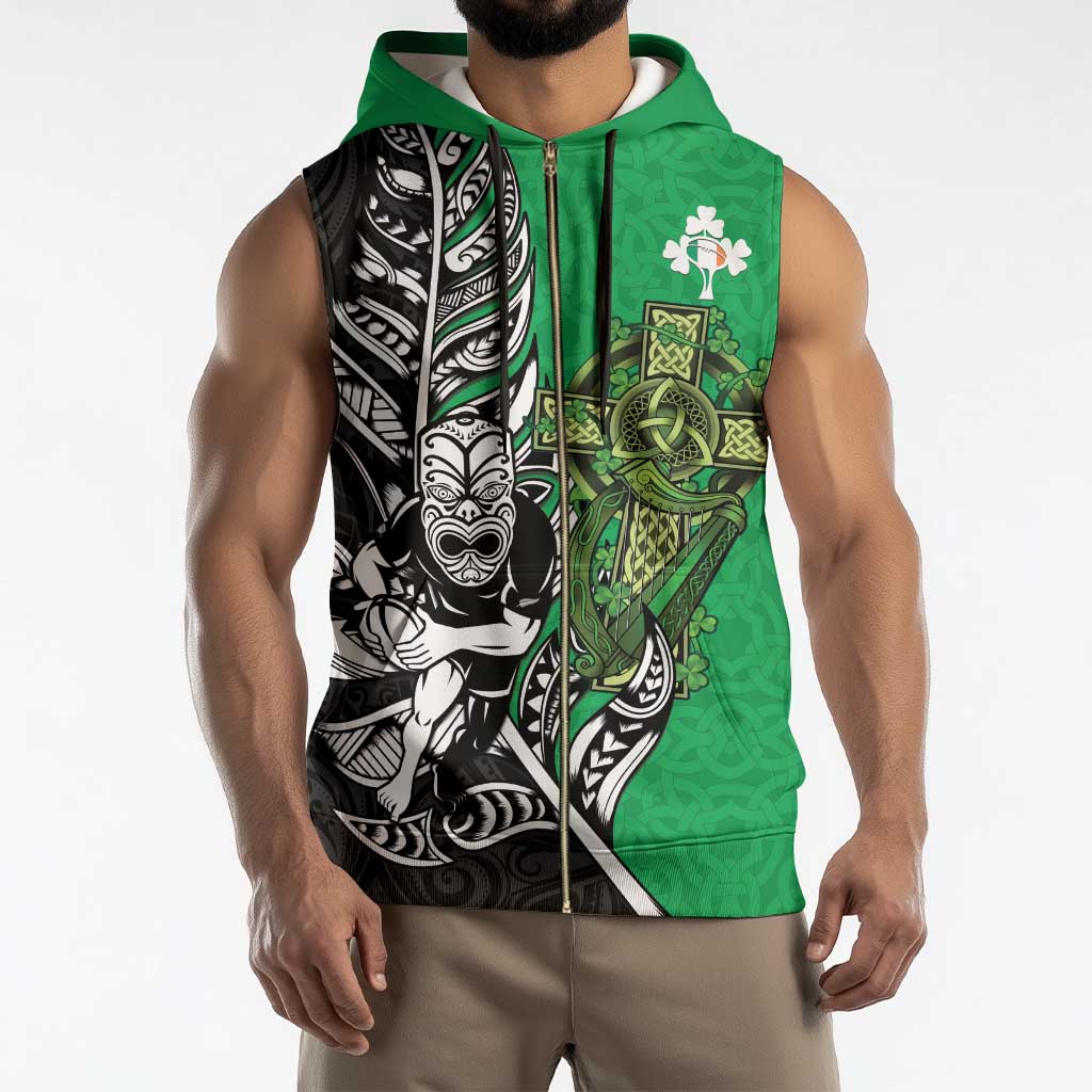 New Zealand and Ireland Rugby Custom Sleeveless Zip Hoodie Maori Tiki Fern Irish Celtic Cross - Aussie Hoodie