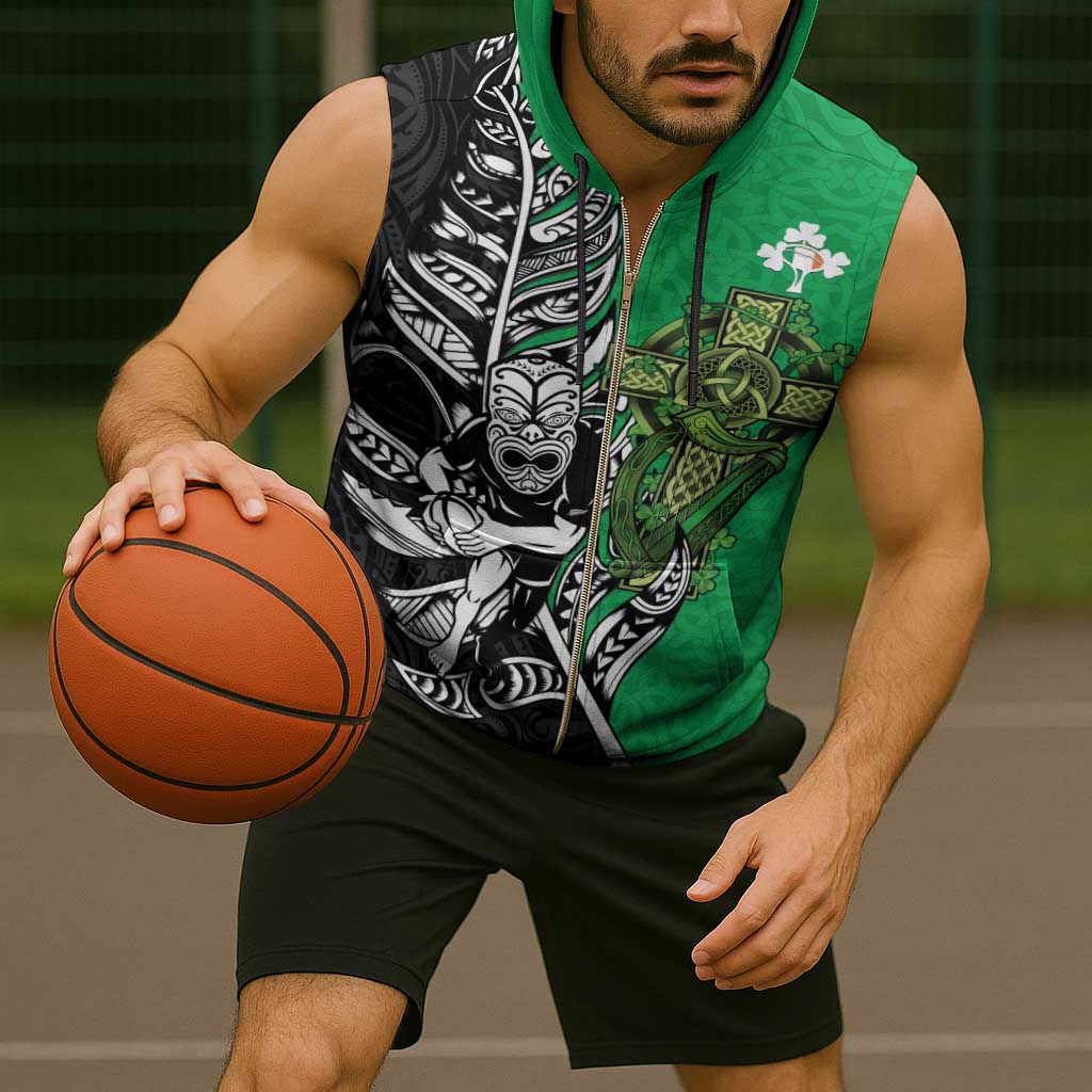 New Zealand and Ireland Rugby Custom Sleeveless Zip Hoodie Maori Tiki Fern Irish Celtic Cross - Aussie Hoodie