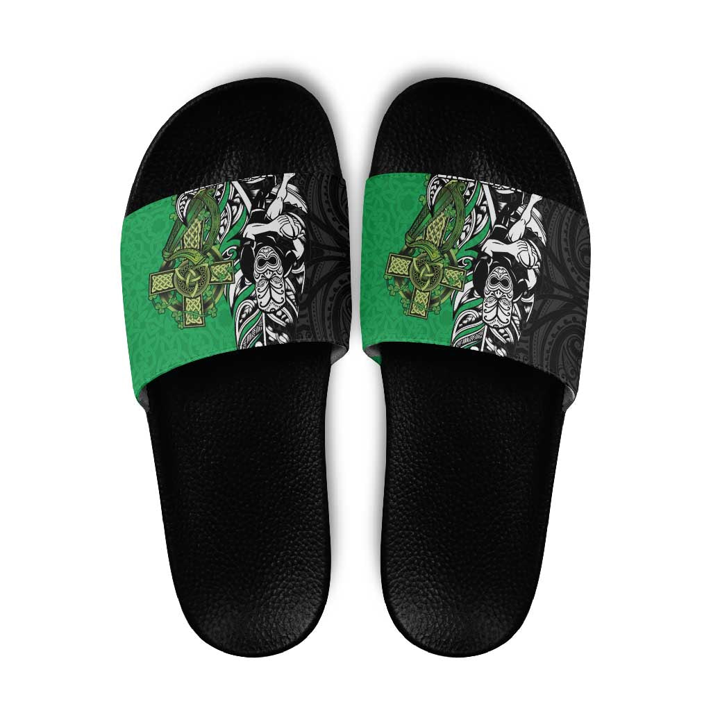 New Zealand and Ireland Rugby Custom Slide Sandals Maori Tiki Fern Irish Celtic Cross - Aussie Hoodie