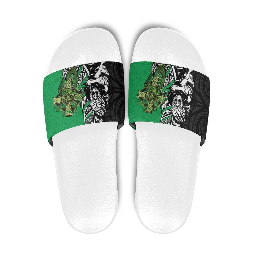 New Zealand and Ireland Rugby Custom Slide Sandals Maori Tiki Fern Irish Celtic Cross - Aussie Hoodie