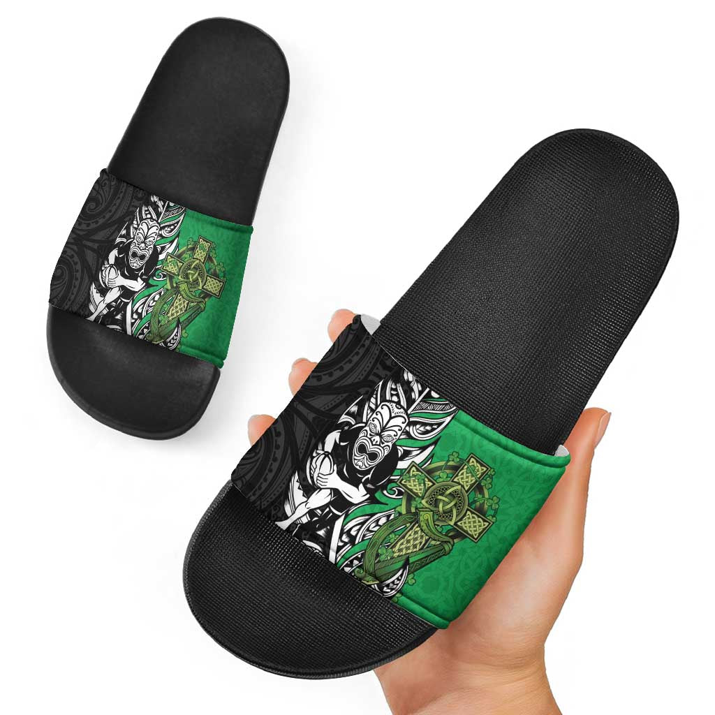 New Zealand and Ireland Rugby Custom Slide Sandals Maori Tiki Fern Irish Celtic Cross - Aussie Hoodie