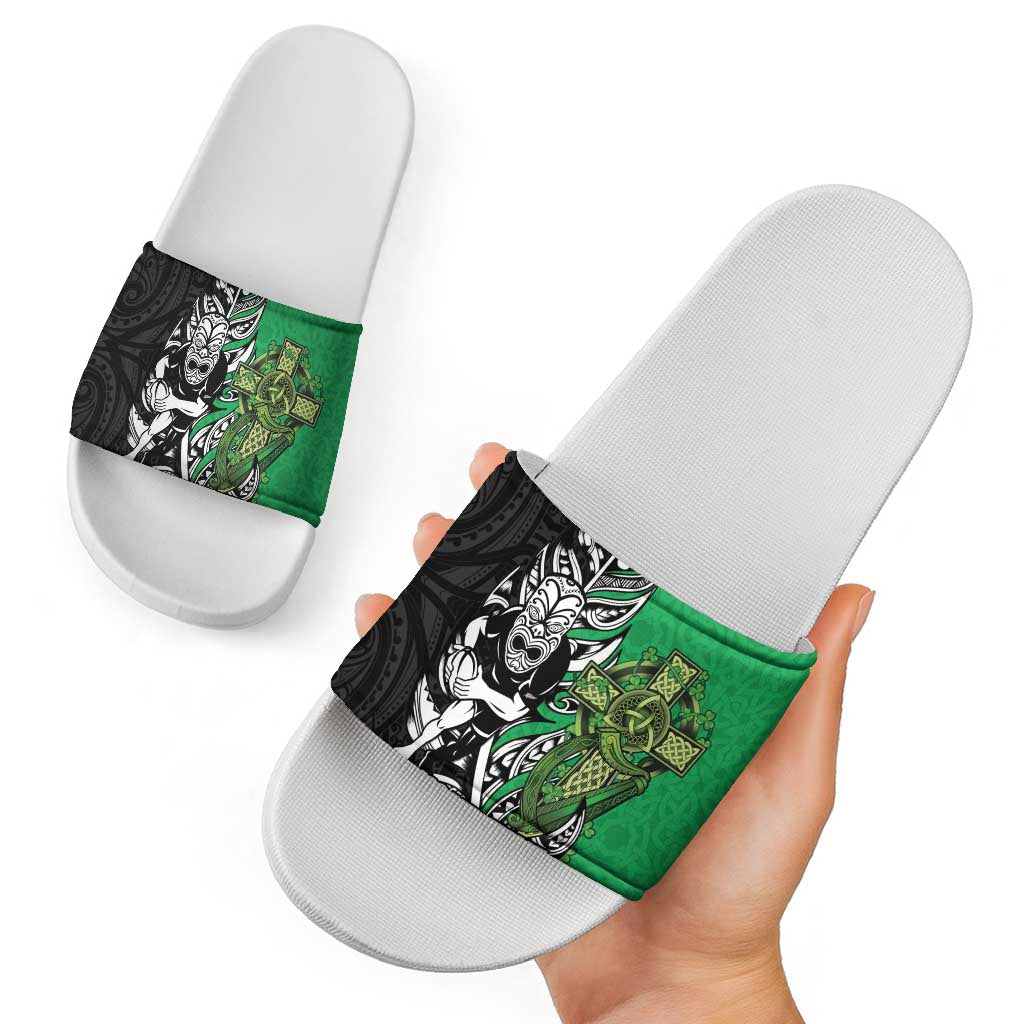 New Zealand and Ireland Rugby Custom Slide Sandals Maori Tiki Fern Irish Celtic Cross - Aussie Hoodie