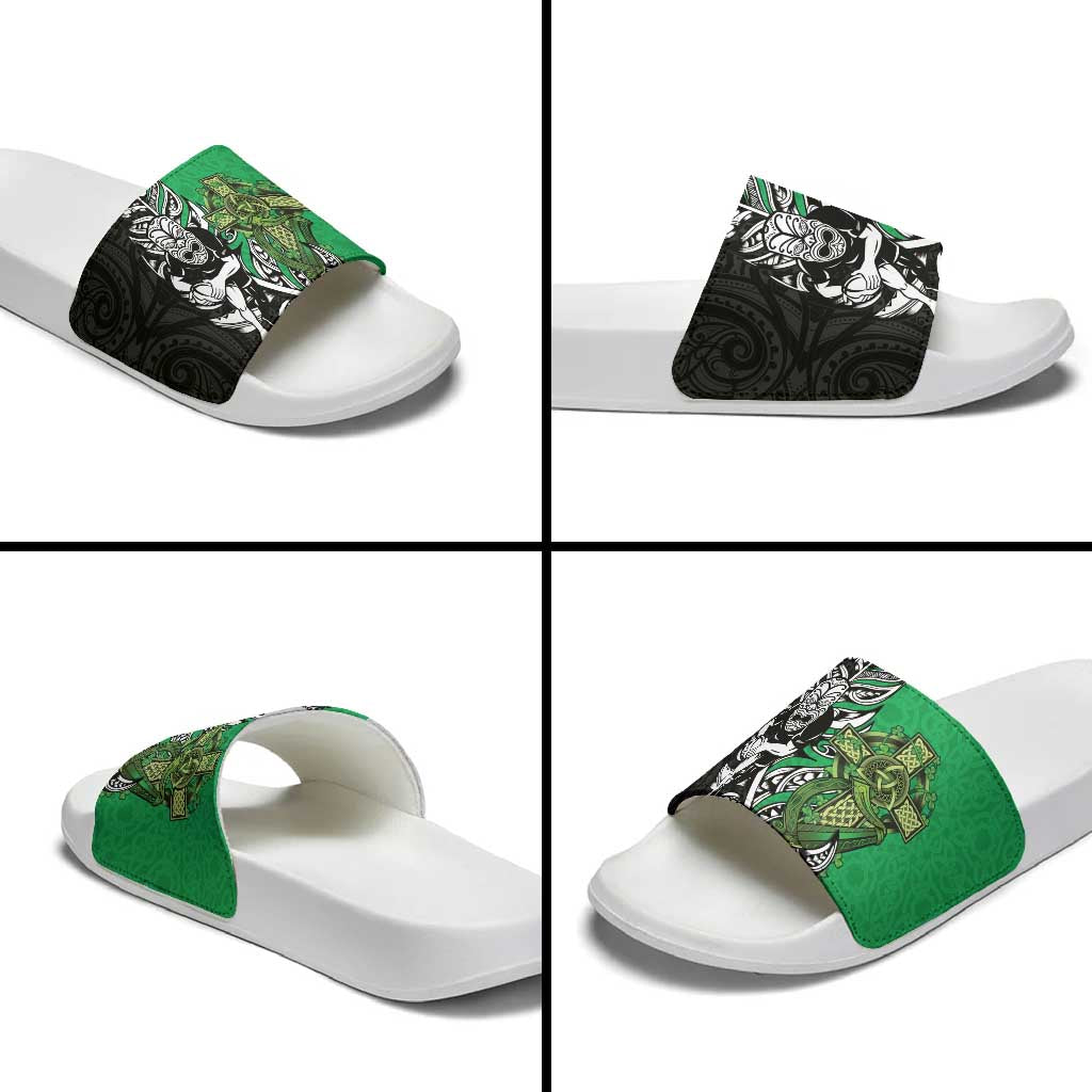New Zealand and Ireland Rugby Custom Slide Sandals Maori Tiki Fern Irish Celtic Cross - Aussie Hoodie