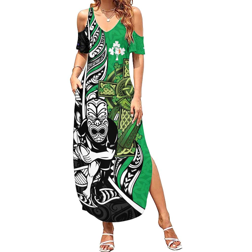 New Zealand and Ireland Rugby Custom Summer Maxi Dress Maori Tiki Fern Irish Celtic Cross - Aussie Hoodie
